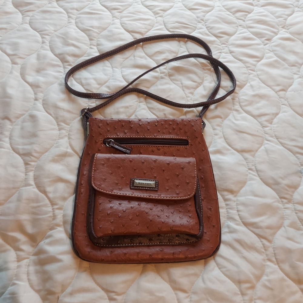 Koltov Cognac Brown Ostrich Embossed Faux Leather Crossbody Bag 10x10